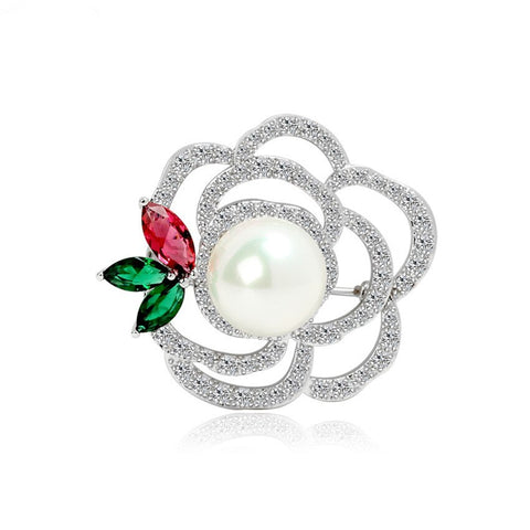 Fashion Simple Zircon Crystal Flower with Pearl Women Brooches
