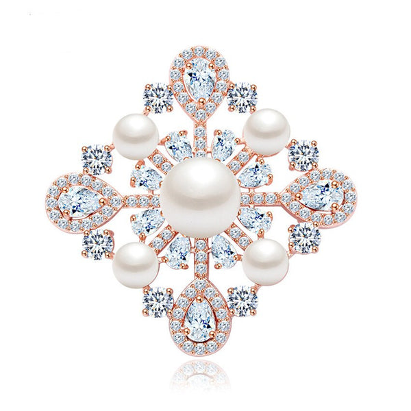 Luxury Cubic Zircon Crystal with Pearl square Brooch Pin Fashion Elegant Women Rose Gold-Color Party Brooches Jewelry Gift