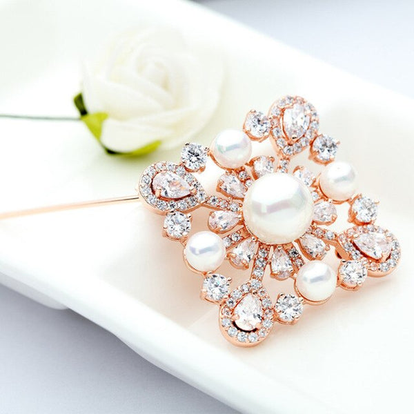 Luxury Cubic Zircon Crystal with Pearl square Brooch Pin Fashion Elegant Women Rose Gold-Color Party Brooches Jewelry Gift
